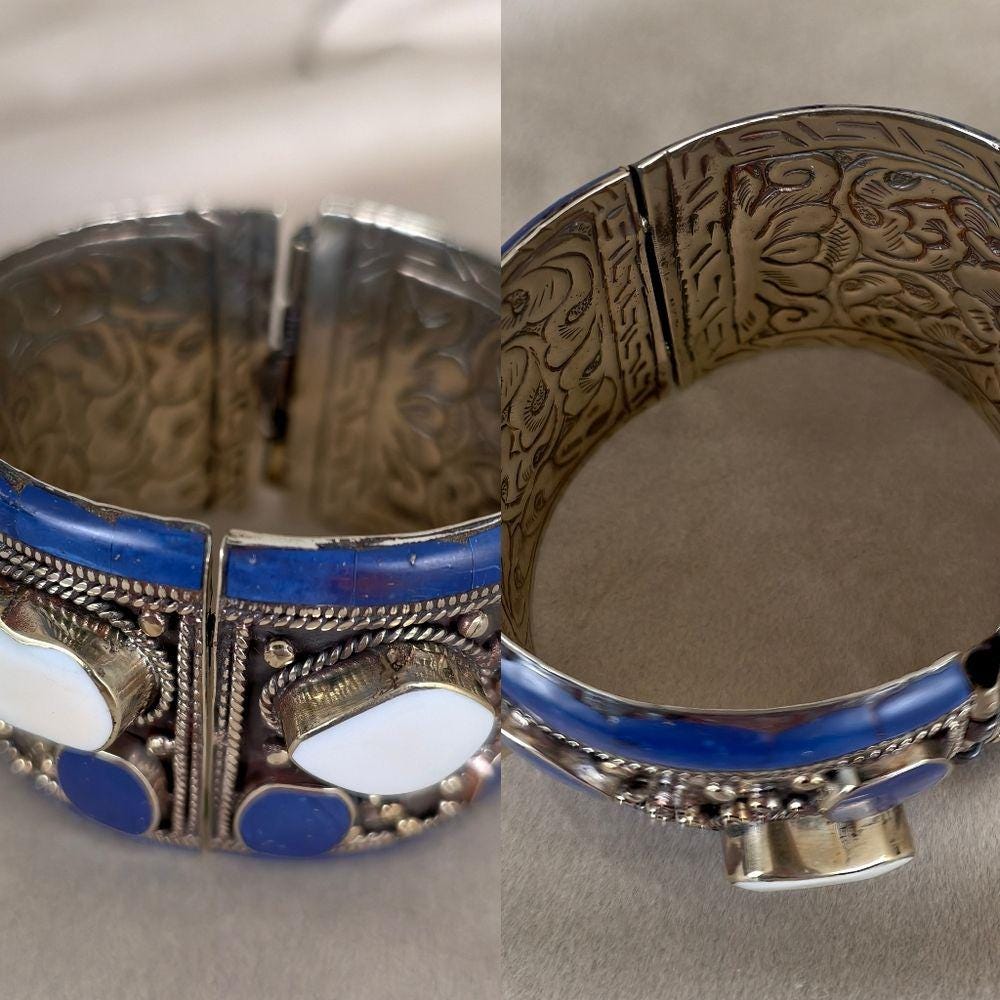 Antique Tibetan Sterling Silver Blue and White Handmade Bracelet