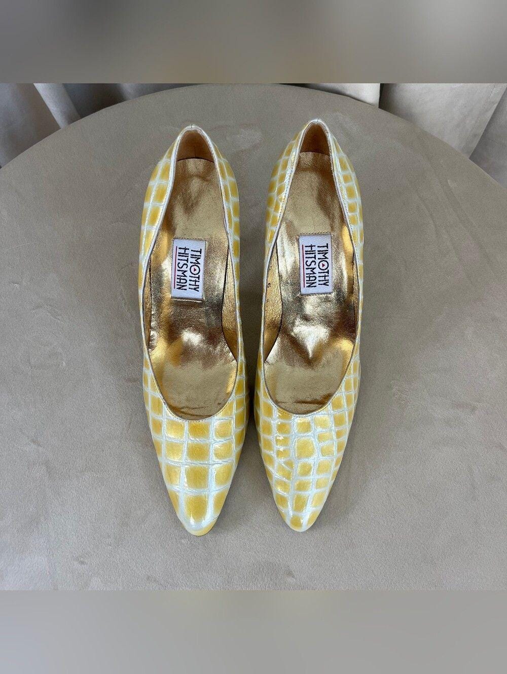 Vintage Timothy Hitsman Yellow Croc-Embossed Pointed-Toe Pumps