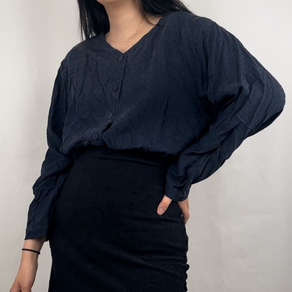 Vintage M. J. Caroll Navy Silk Collarless Blouse