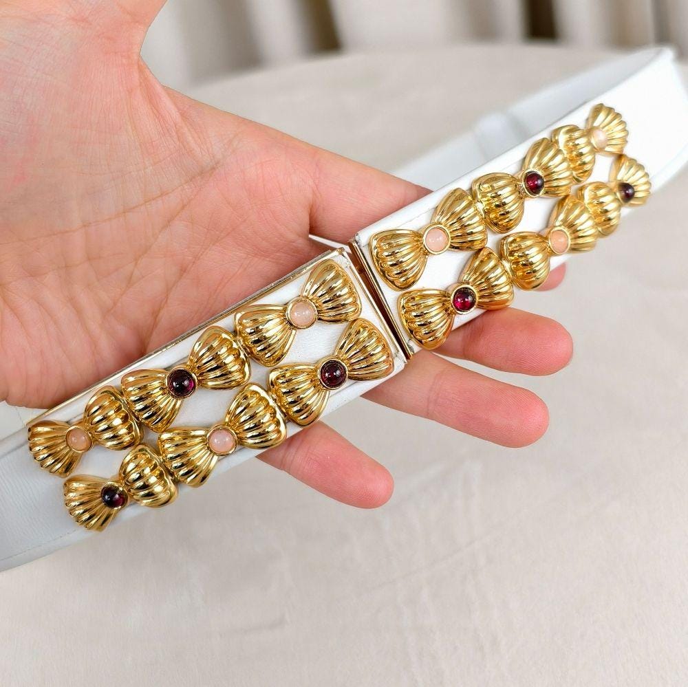 Vintage Judith Leiber Elegant White Belt with Gold Accents