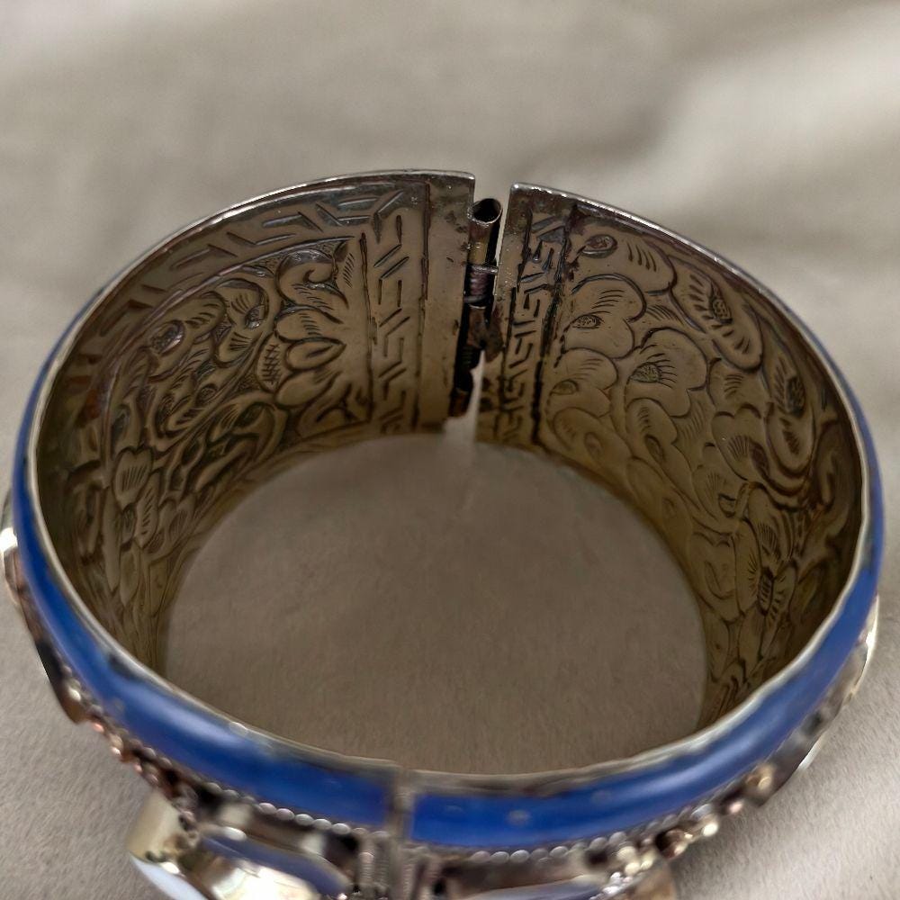 Antique Tibetan Sterling Silver Blue and White Handmade Bracelet