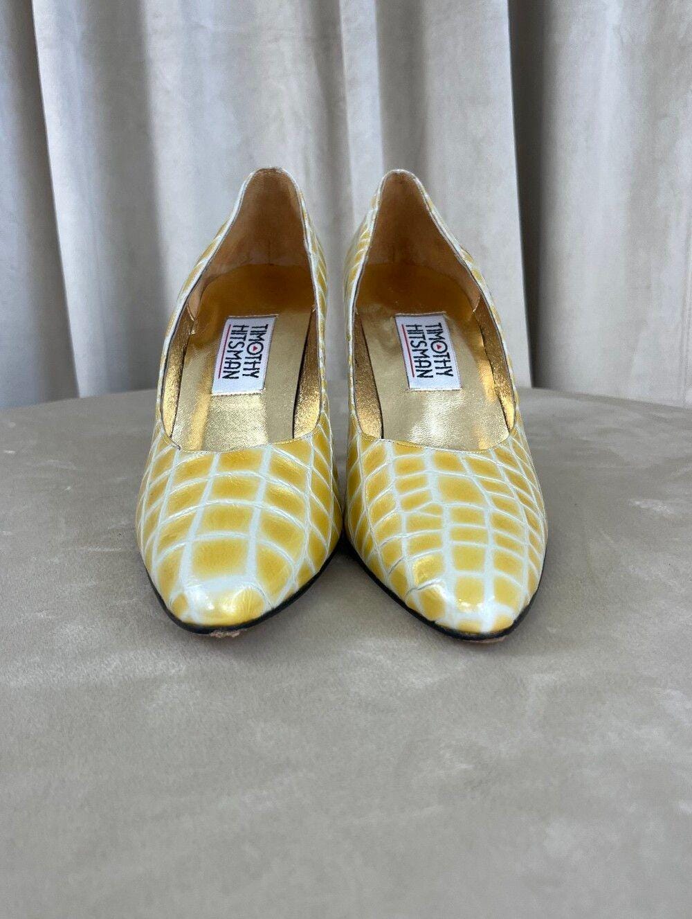 Vintage Timothy Hitsman Yellow Croc-Embossed Pointed-Toe Pumps