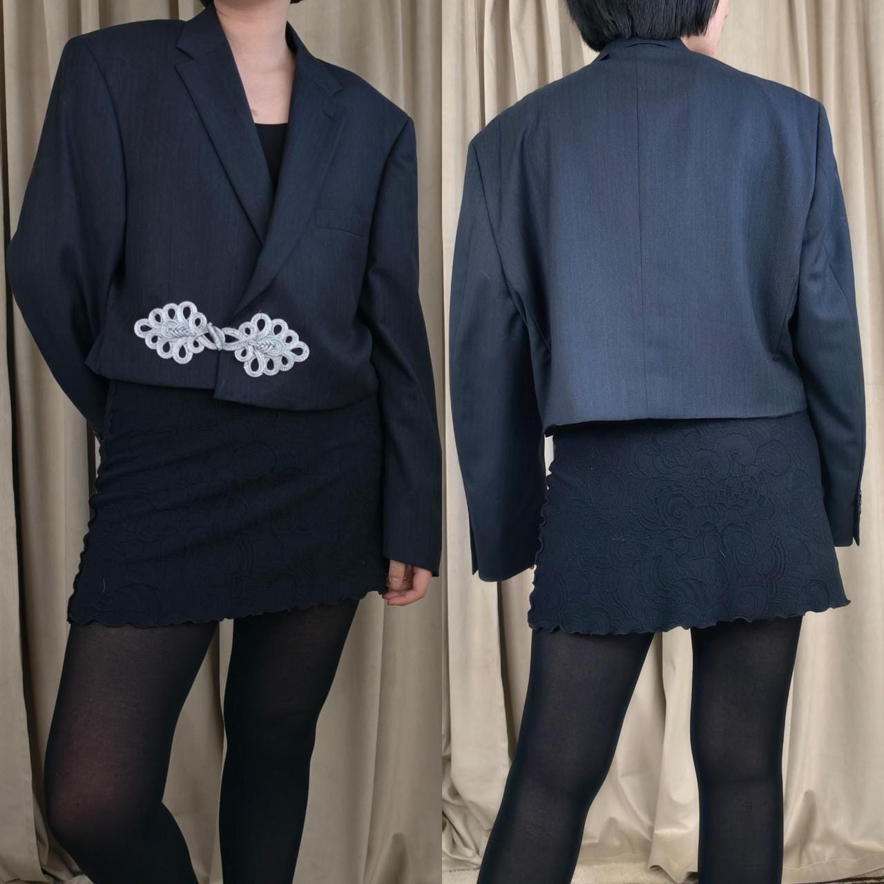 Reworked Vintage Navy Pinstripe Cropped Blazer Tang Mandarin Jacket