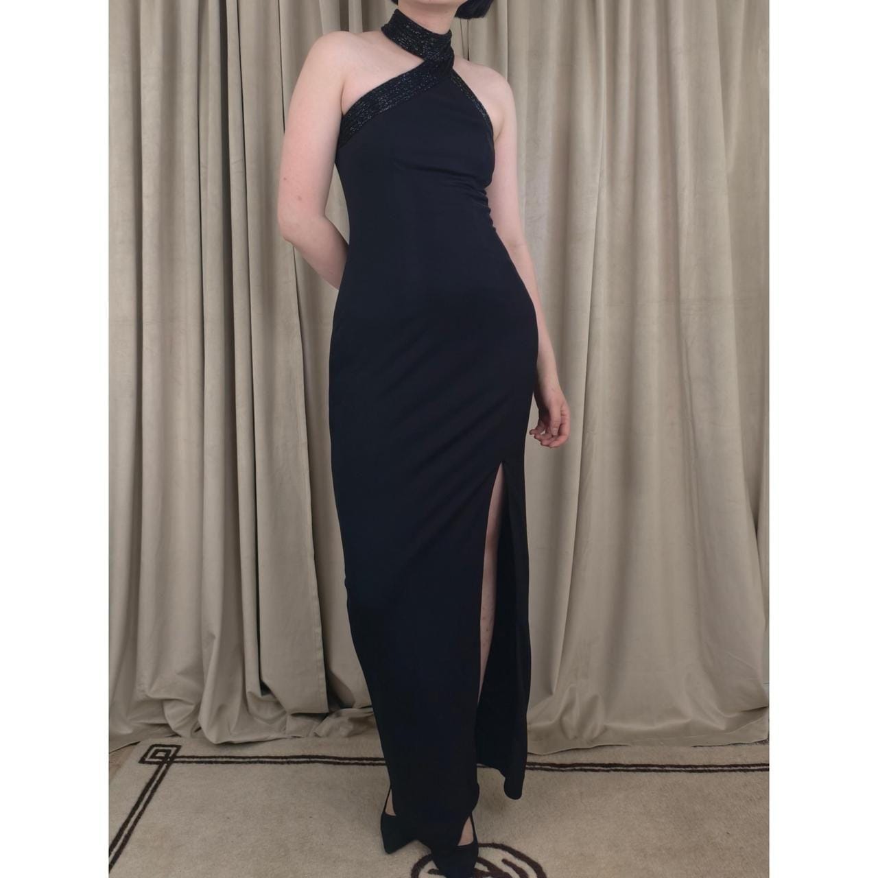 Vintage Cache Y2K Black Maxi Prom Dress Gown with Beaded halter Neck and Slit
