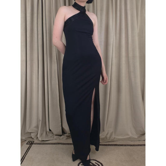 Vintage Cache Y2K Black Maxi Prom Dress Gown with Beaded halter Neck and Slit