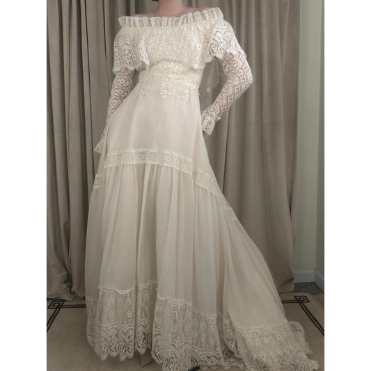 Vintage Victorian Lace Off-the-Shoulder Wedding Gown