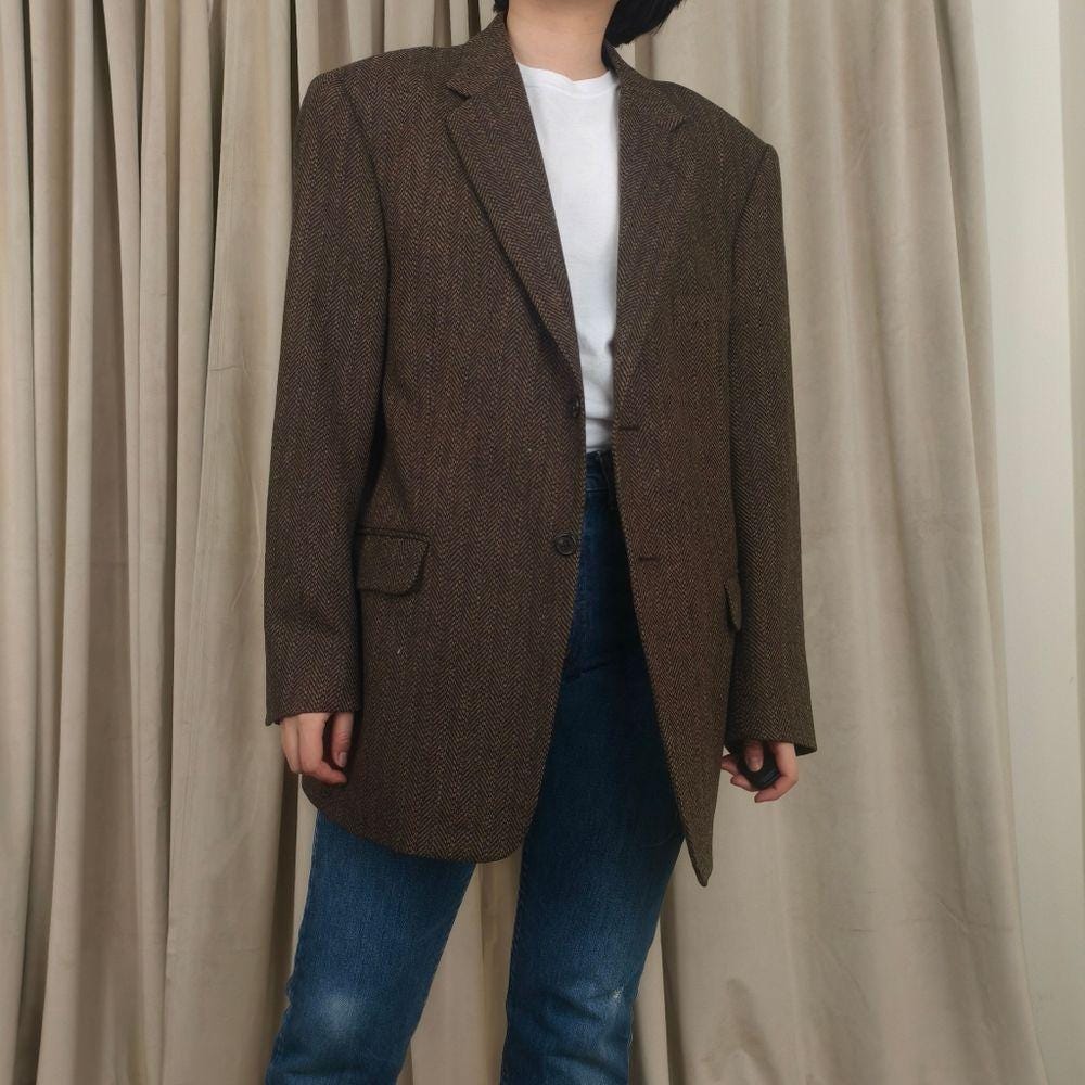 Vintage Wool Brown Tweed Oversized Boyfriend Blazer