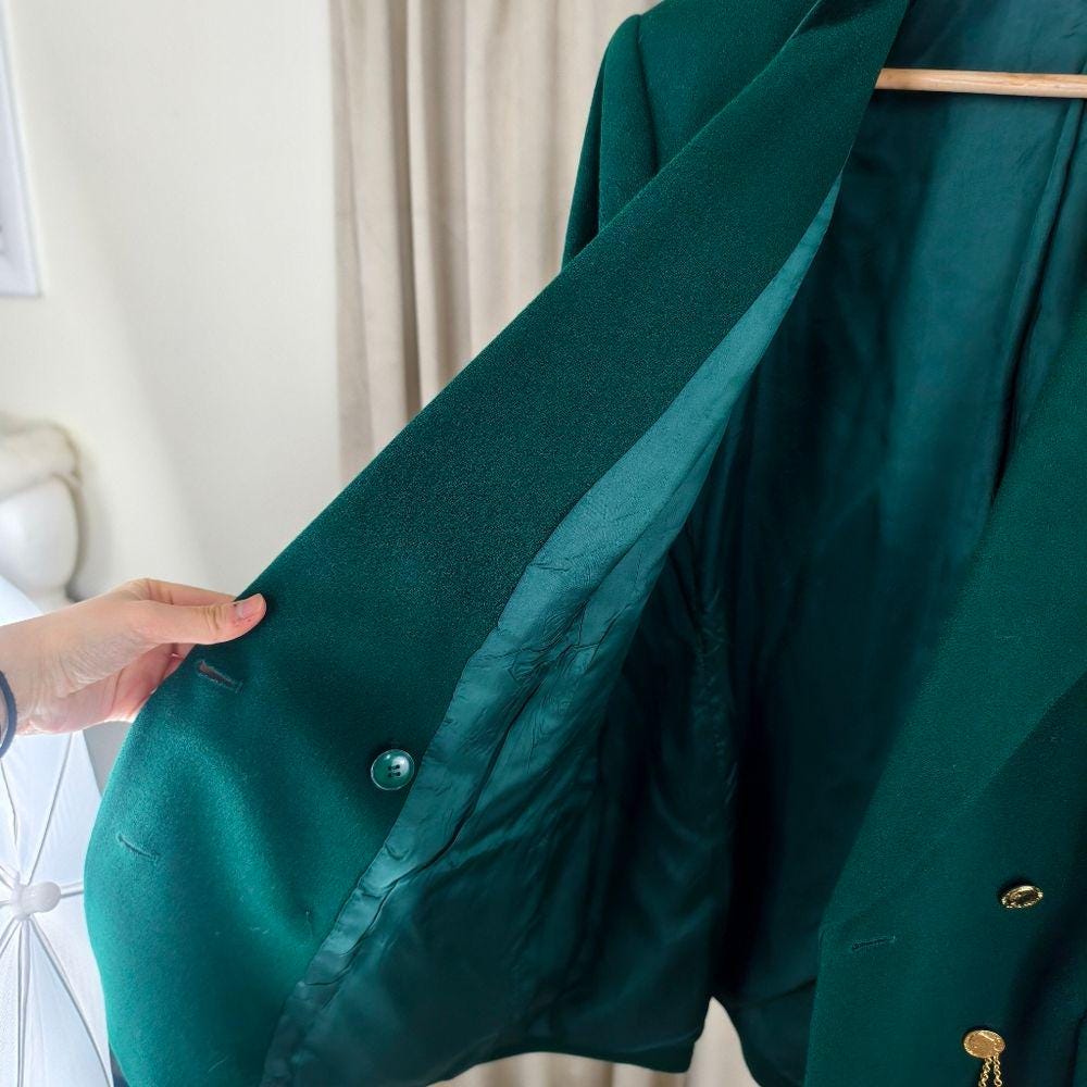 Vintage Kasper Green Wool Skirt and Blazer Suit with Gold Accents