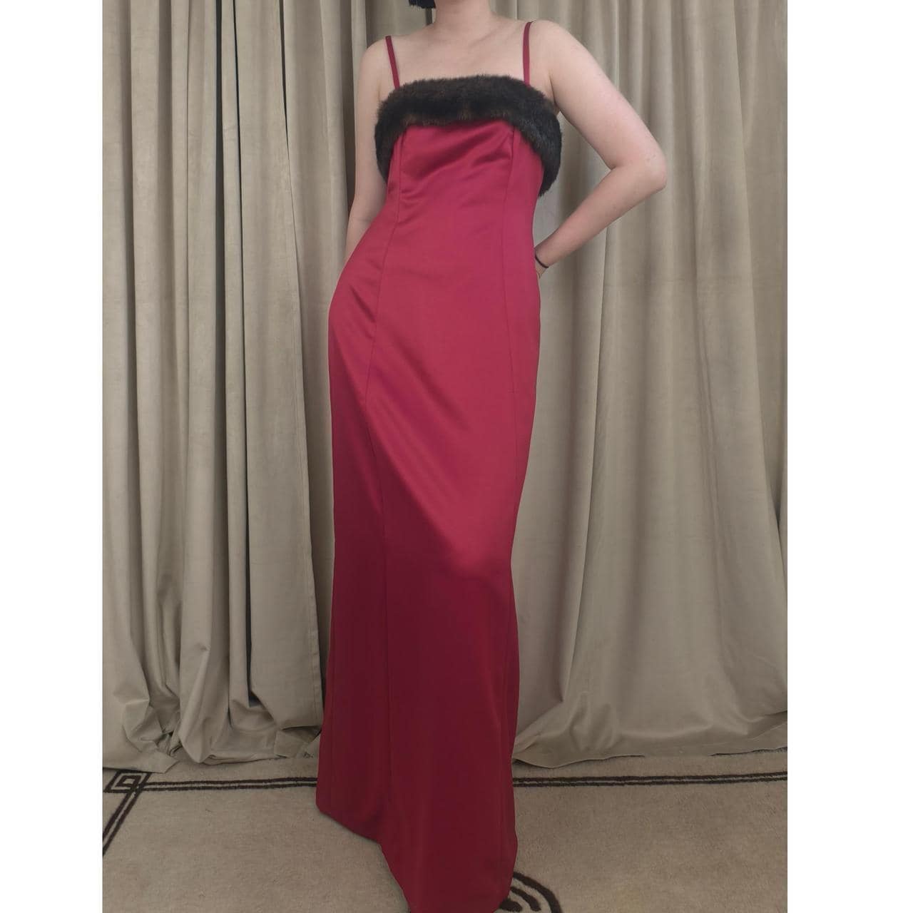 Vintage Donna Morgan Red Satin Maxi dress with Faux Fur Trim