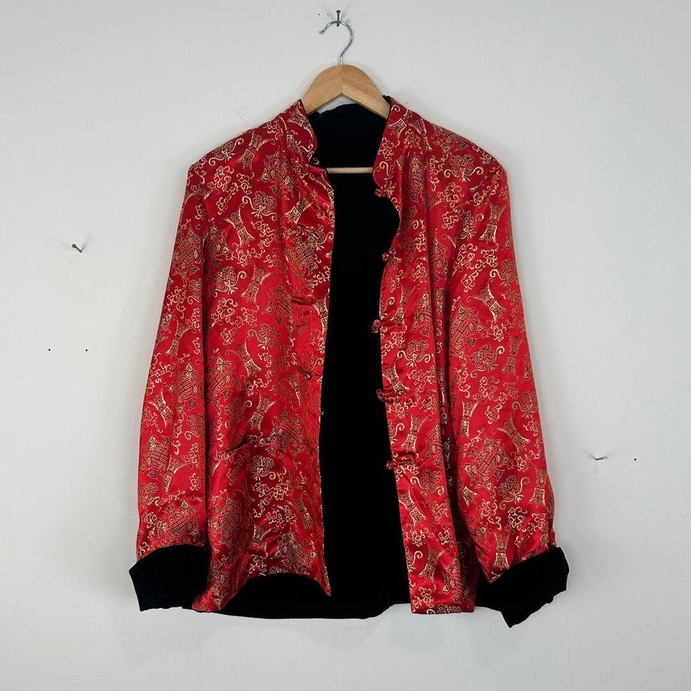 Vintage Red and Black Reversible Satin and Velvet Embroidered Asian Jacket