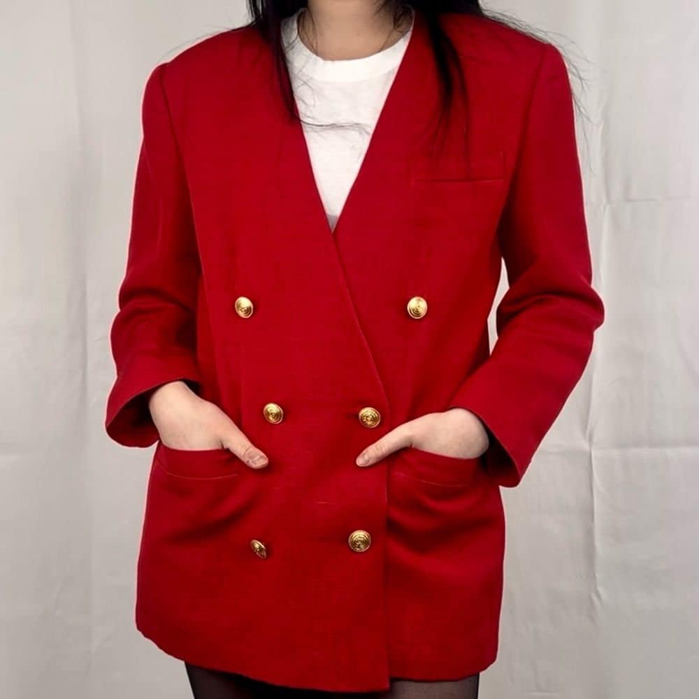 Vintage Collectible Gold Bright Red Linen Blend V Neck Blazer