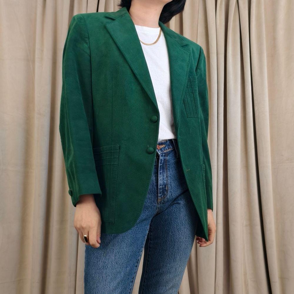 Vintage Klein Ultrasuede Green Boyfriend Blazer with Unique Stitching
