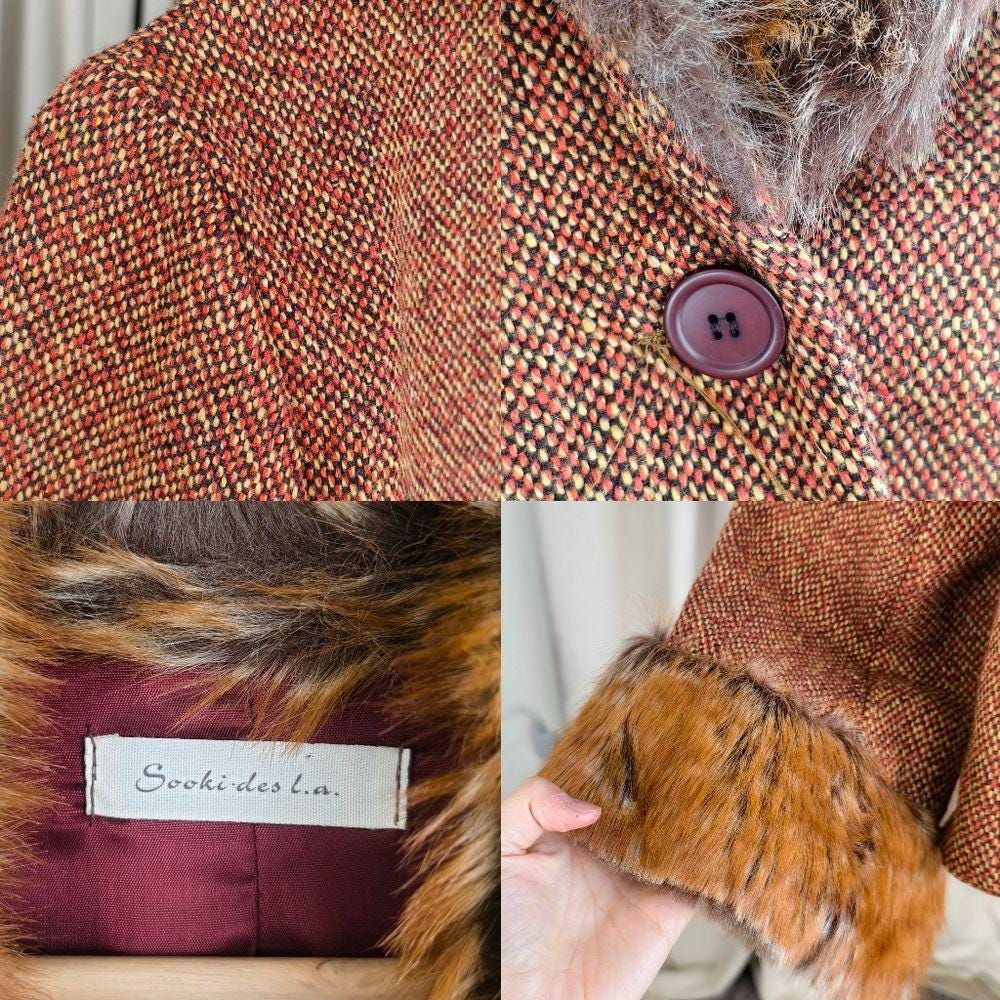 Vintage Orange Brown Cropped Pennylane Tweed Jacket Fox Fur Collar and Cuffs
