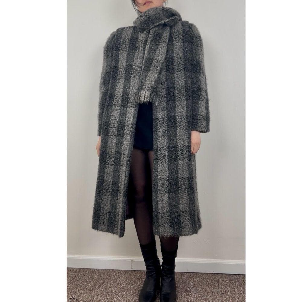 Vintage Dillon Grey Plaid Wool Overcoat with Matching Scarf