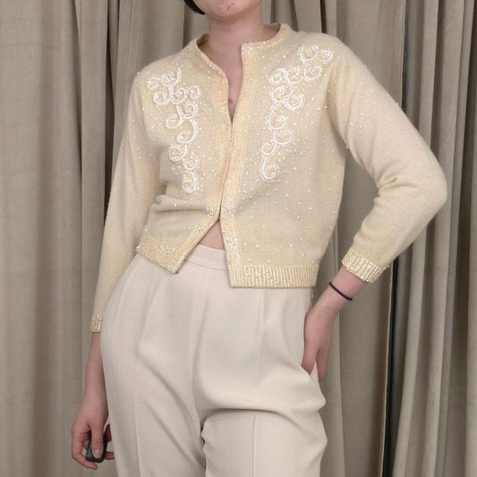 Vintage Wool and Rabbit Hair Cream Cardigan with Sequins Embellishments