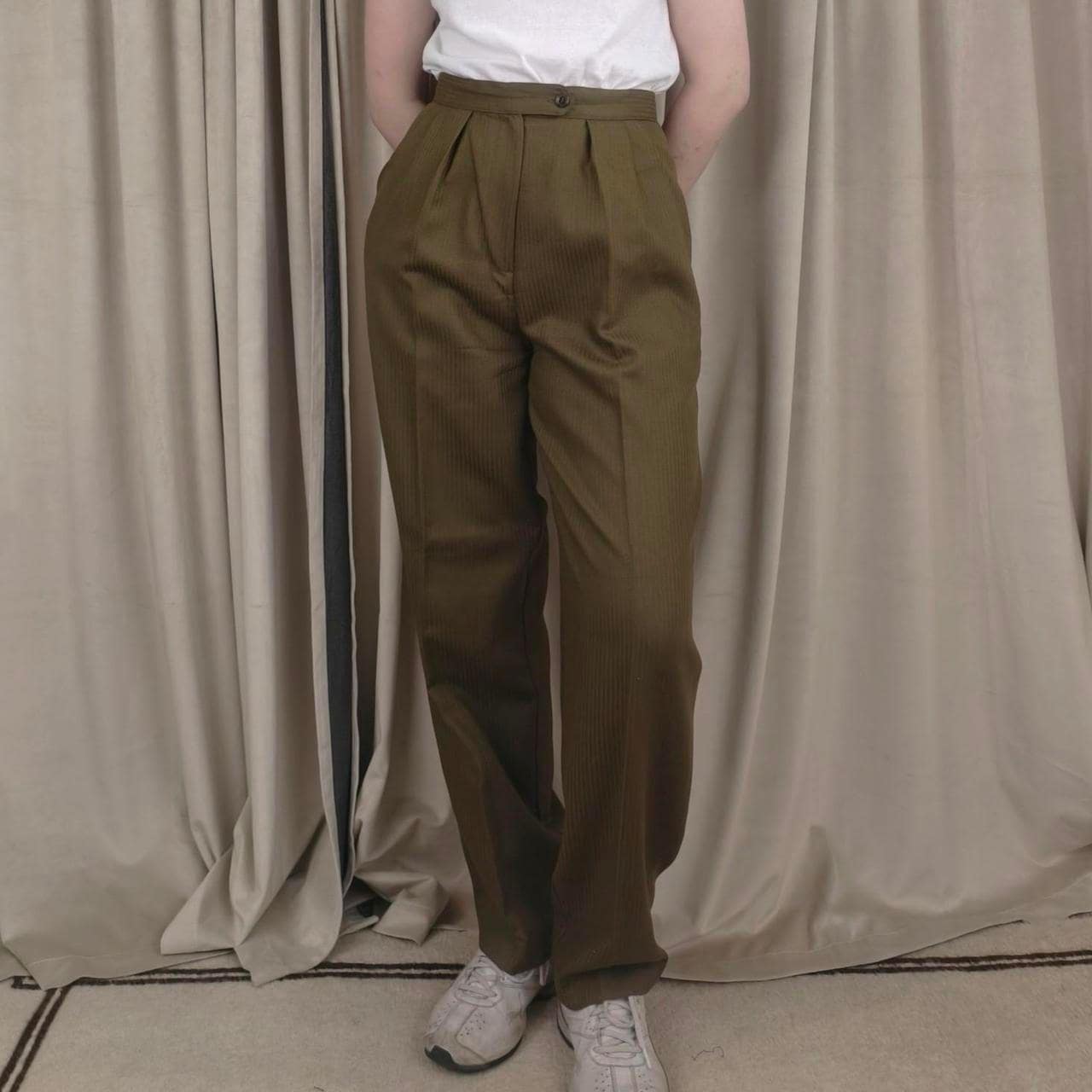 Vintage Jones New York Khaki and Green High-Waisted Wool Tailored Trousers