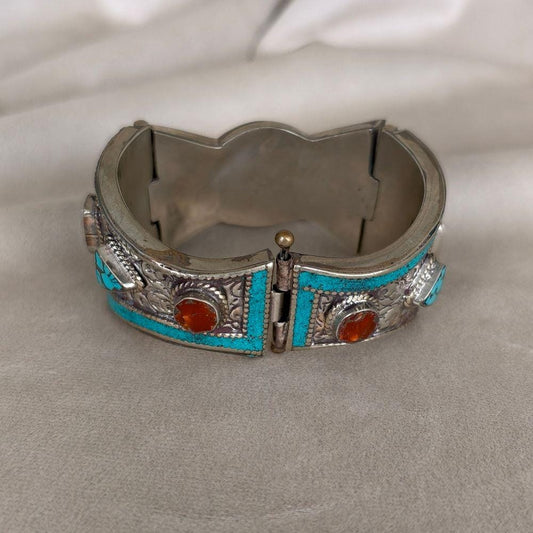 Antique Handmade Tibetan Turquoise and Red Coral Sterling Silver Bracelet
