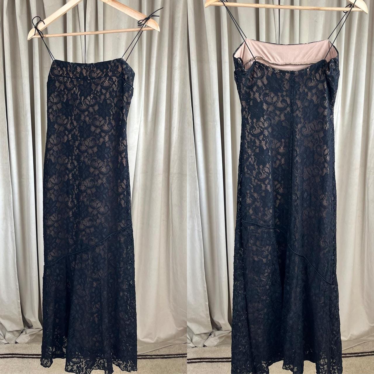 Vintage Black Lace Slip Drop Waist Dress with Spaghetti Straps