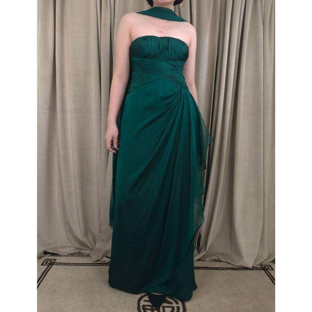 Teri Jon by Rikie Freeman Strapless Green Silk Evening Gown with Sheer Shawl