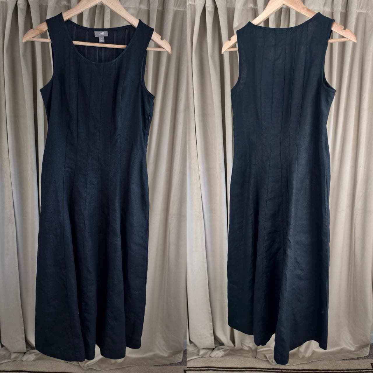 J.Jill Black Linen Midi Dress with Pleated Bodice and Flared Skirt