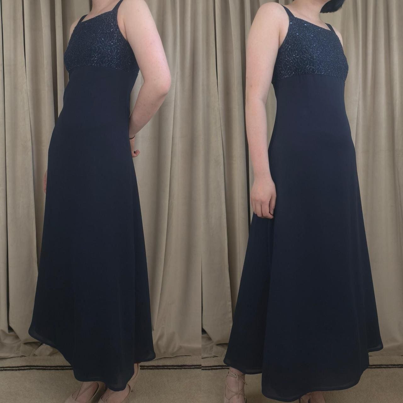 Vintage Navy blue maxi dress with embroidered top and flowy skirt