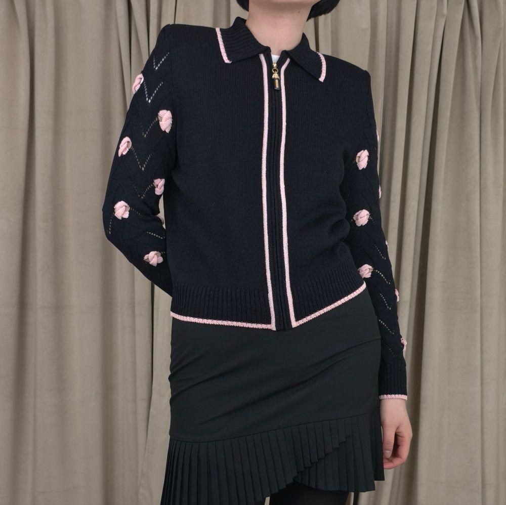 St. John Collection Black Zip Up Cardigan with Pink Details