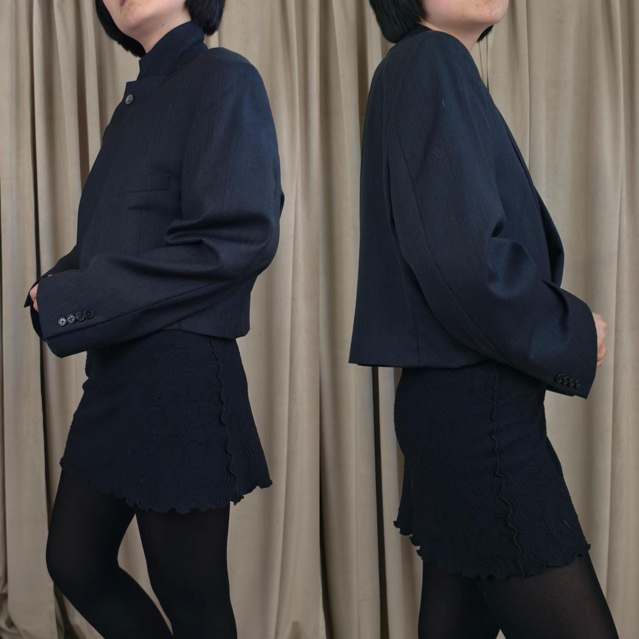 Reworked Vintage Navy Pinstripe Cropped Blazer Tang Mandarin Jacket