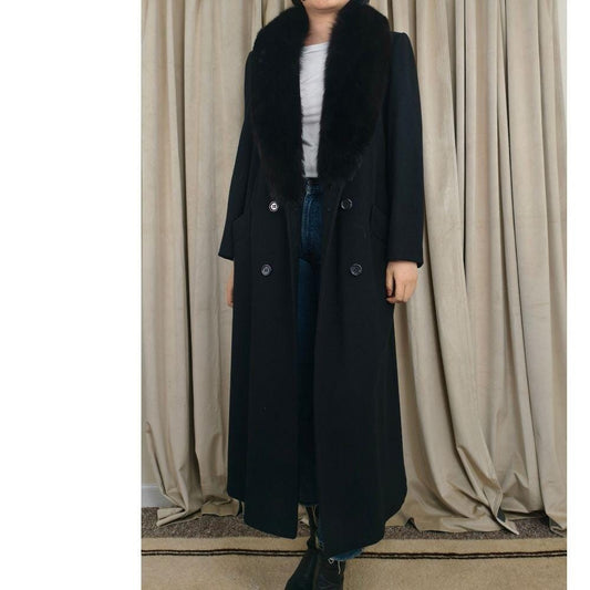Vintage Albert Nipon Black Wool Full Length Over Coat with Fox Fur Collar