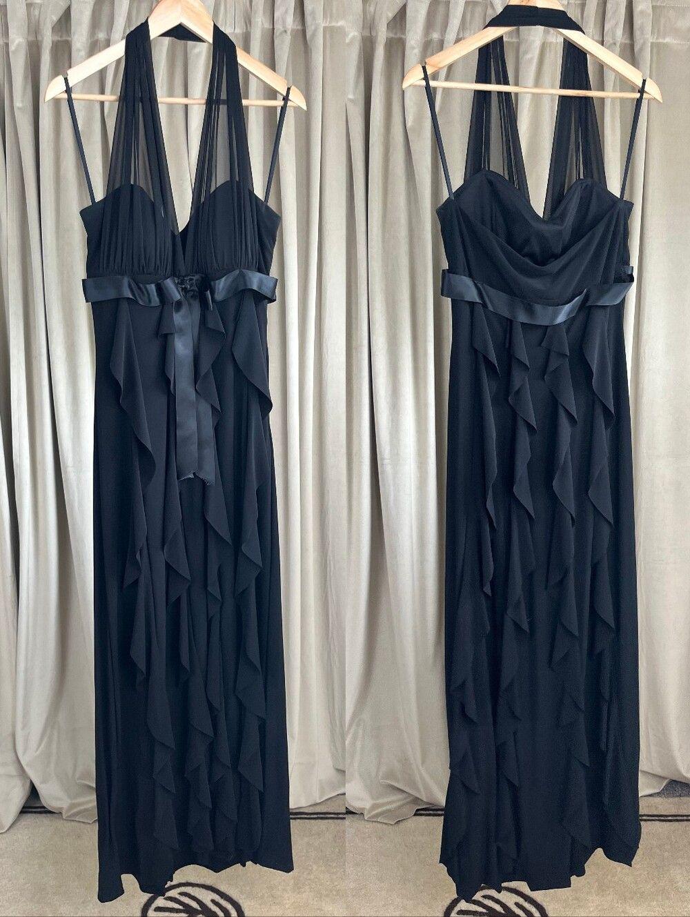 Vintage Betsy & Adam Elegant Black Halter Ruffle Backless Maxi Dress