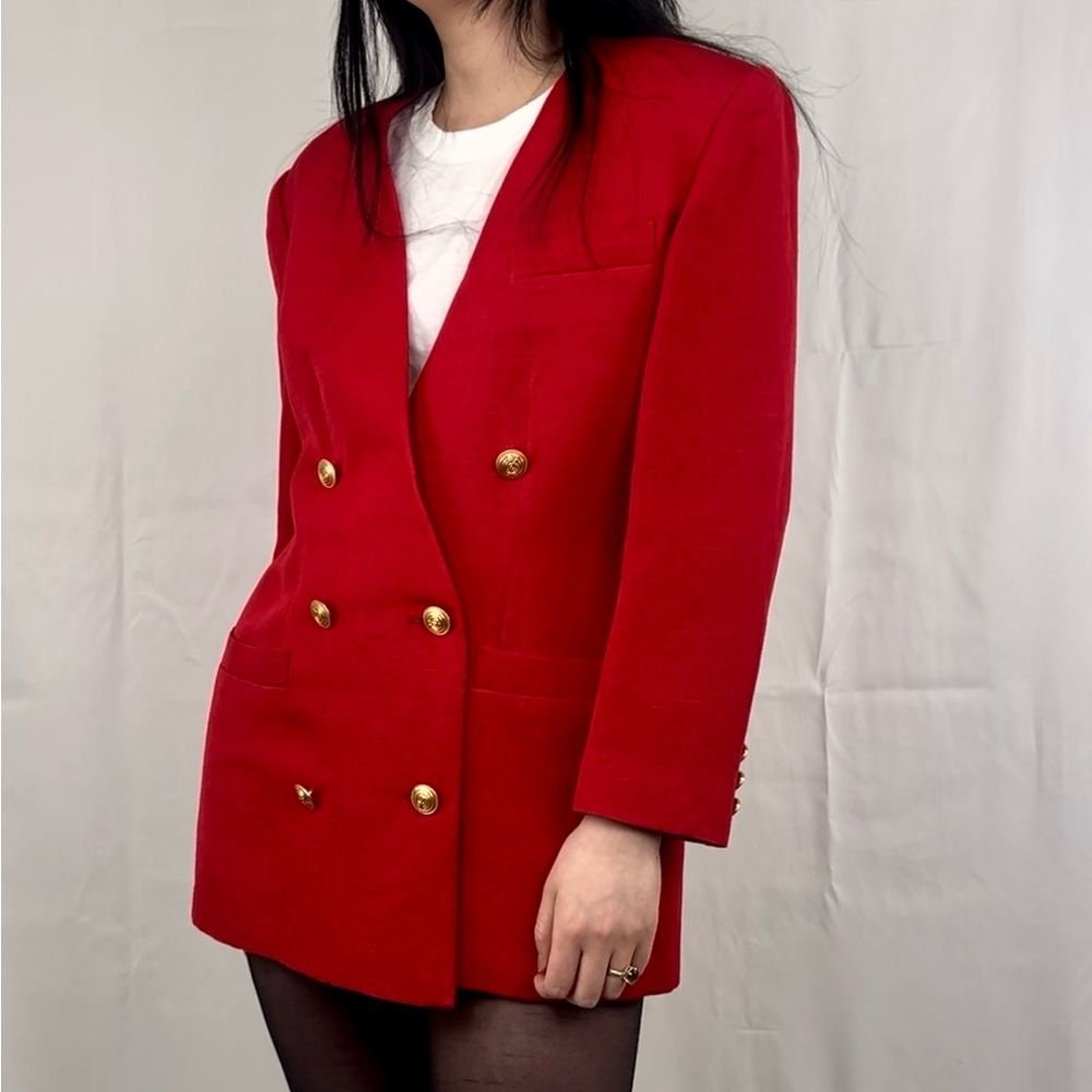 Vintage Collectible Gold Bright Red Linen Blend V Neck Blazer