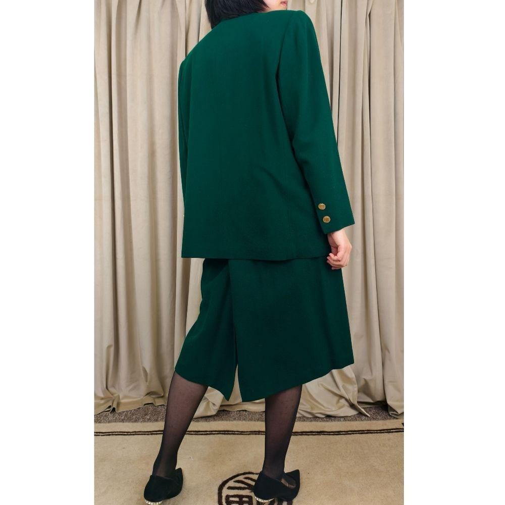 Vintage Kasper Green Wool Skirt and Blazer Suit with Gold Accents