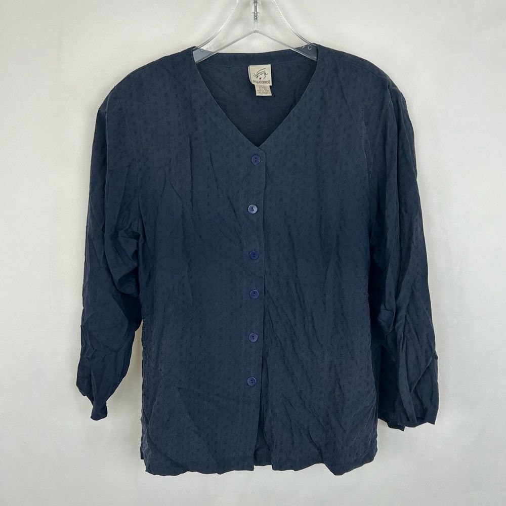 Vintage M. J. Caroll Navy Silk Collarless Blouse