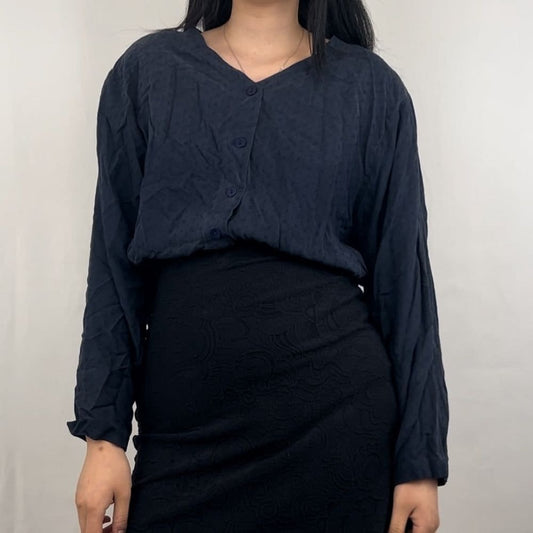Vintage M. J. Caroll Navy Silk Collarless Blouse