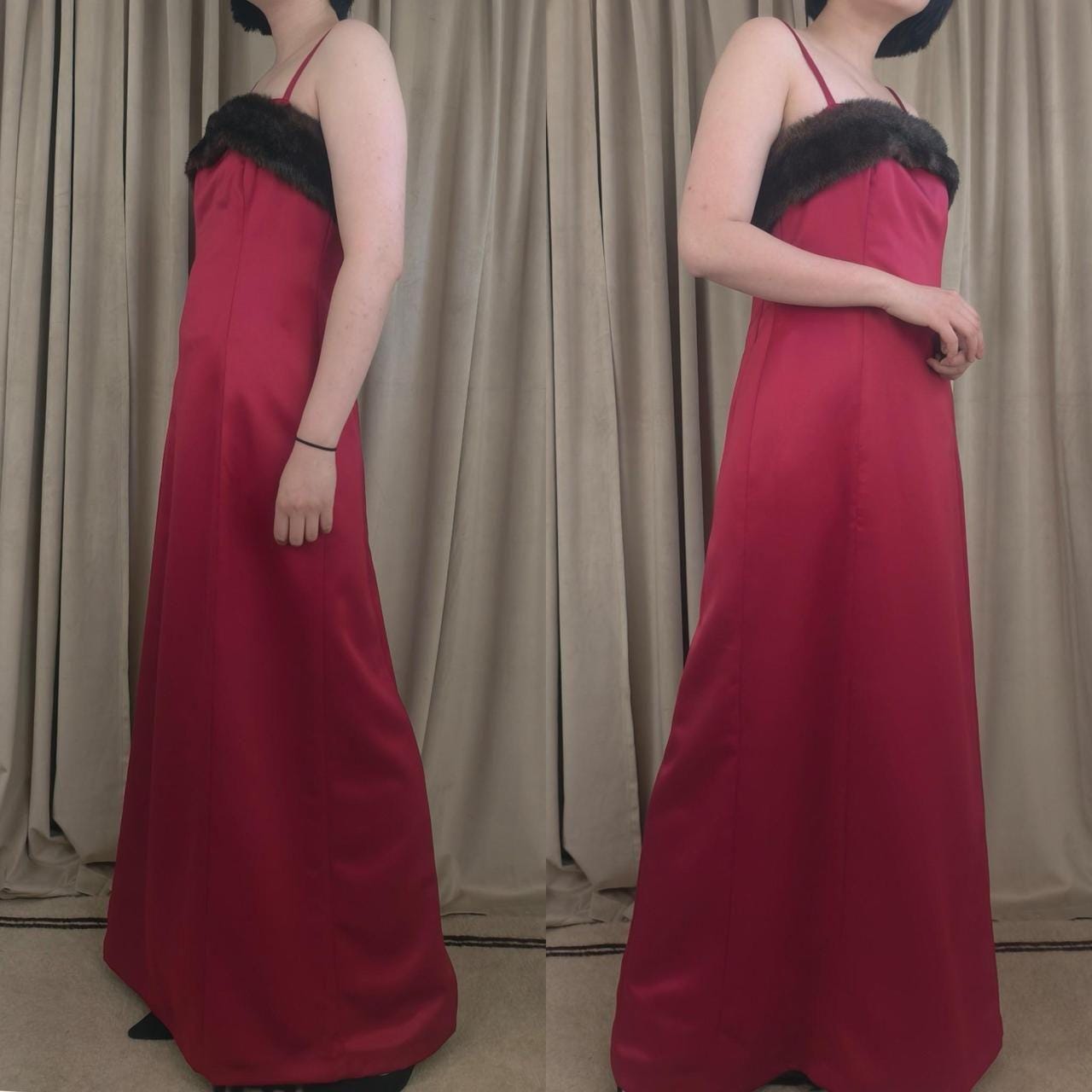 Vintage Donna Morgan Red Satin Maxi dress with Faux Fur Trim