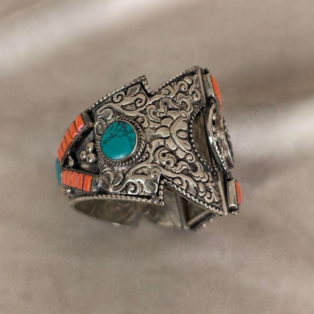 Antique Tibetan Handmade Sterling Silver and Orange Coral Bracelet