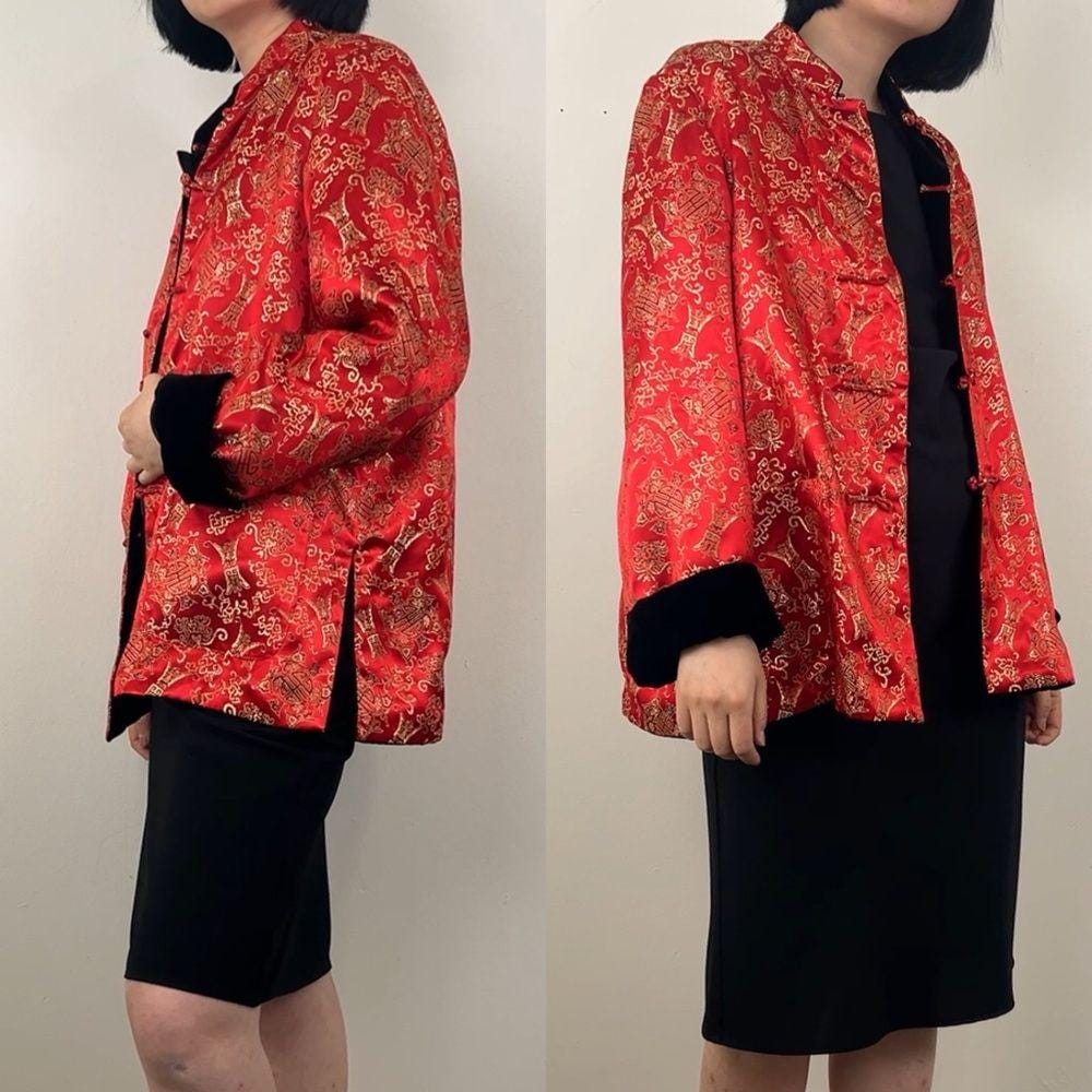 Vintage Red and Black Reversible Satin and Velvet Embroidered Asian Jacket