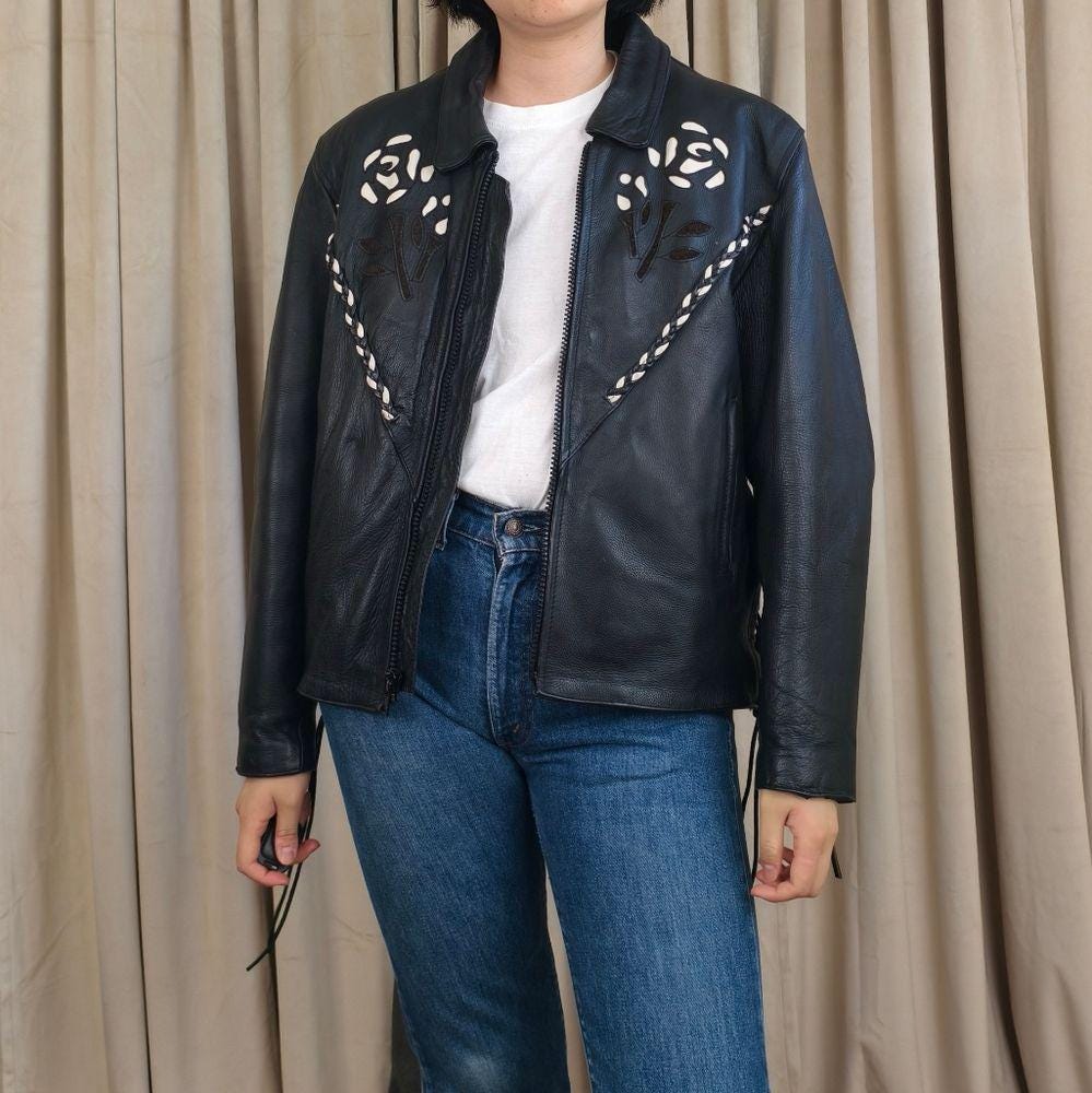 RARE Vintage UNIK Black Leather Biker Jacket with White Rose Floral Design