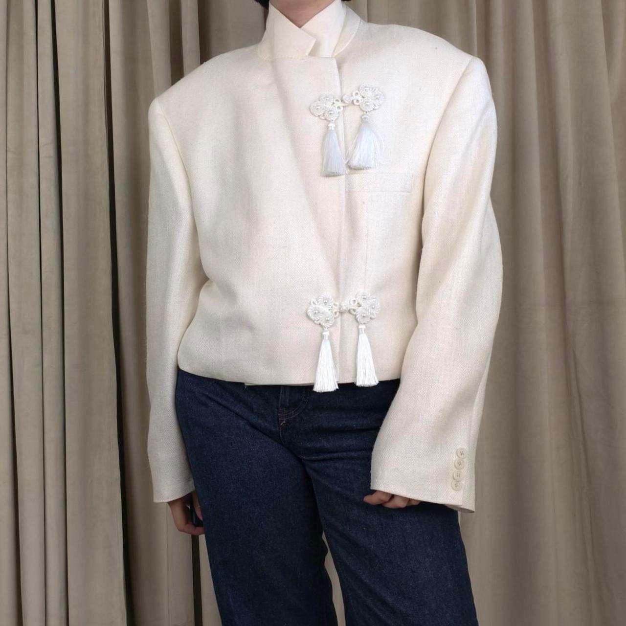 Reworked Vintage White Cropped Blazer Tang Mandarin Jacket
