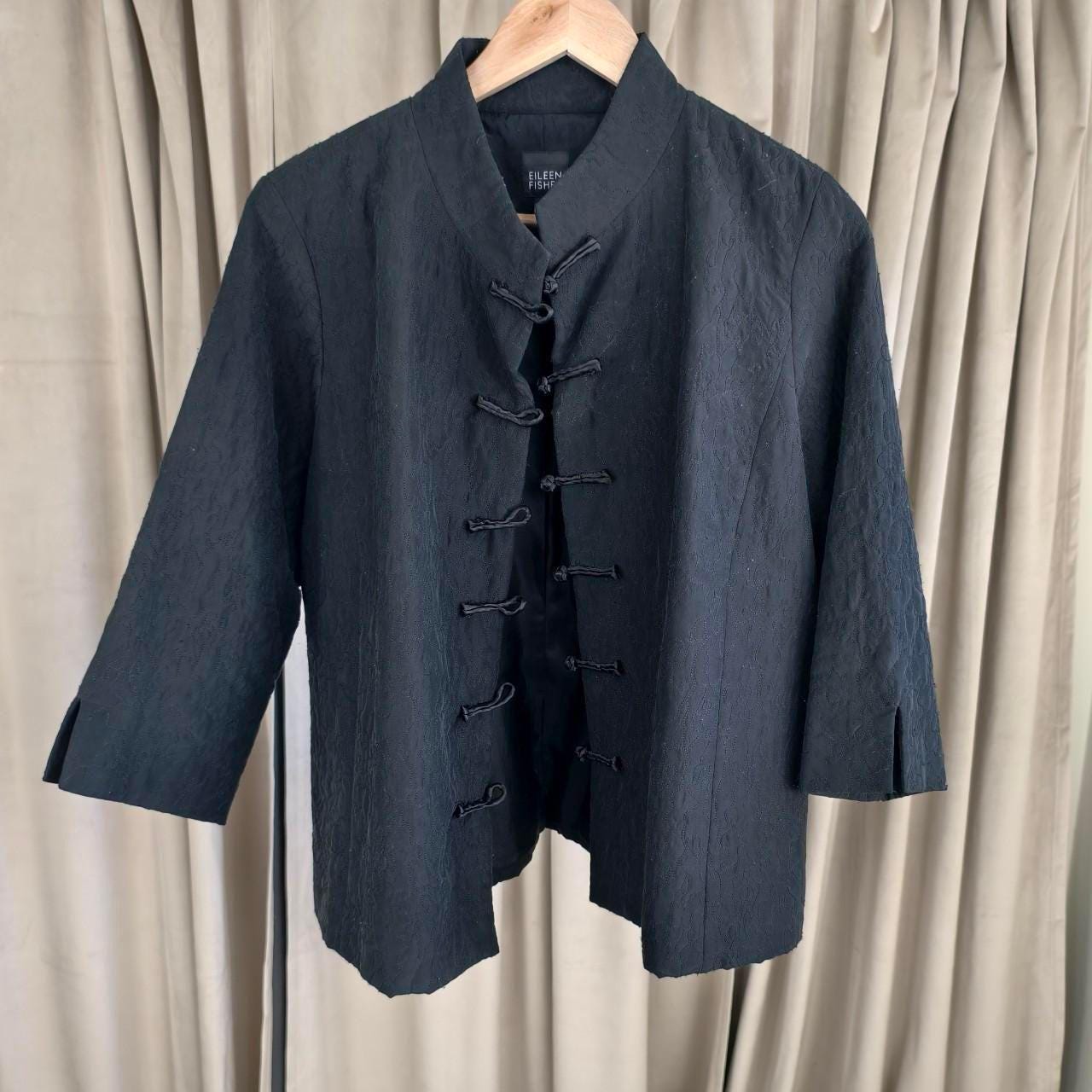 Reworked Eileen Fisher Black Silk Embroidered Mandarin Jacket Tang Jacket