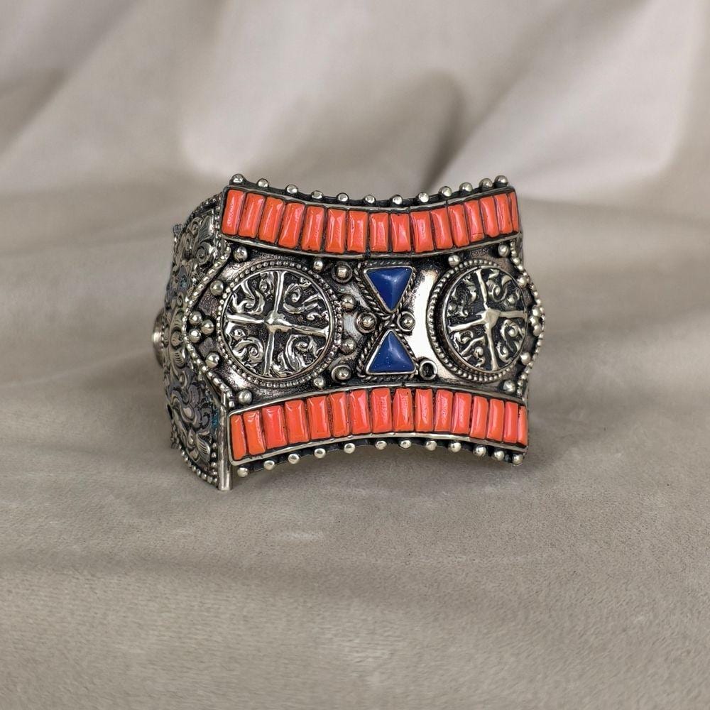 Antique Tibetan Handmade Sterling Silver and Orange Coral Bracelet