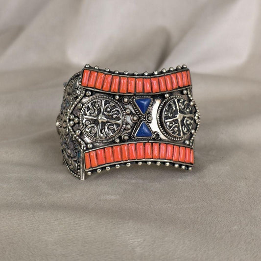 Antique Tibetan Handmade Sterling Silver and Orange Coral Bracelet