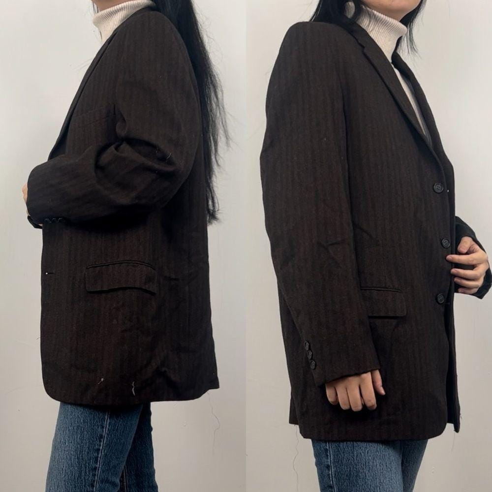 Vintage Brown Striped Wool Cashmere Boyfriend Oversized Blazer
