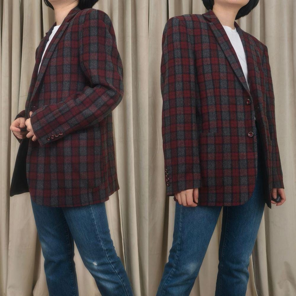 Vintage Zenbrielle Red and Gray Plaid Wool Blend Blazer