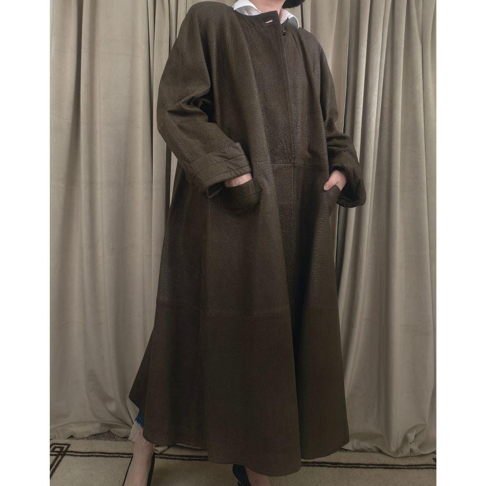 Vintage Mario Valentino Olive Khaki Green Long Leather Trench Coat Dress