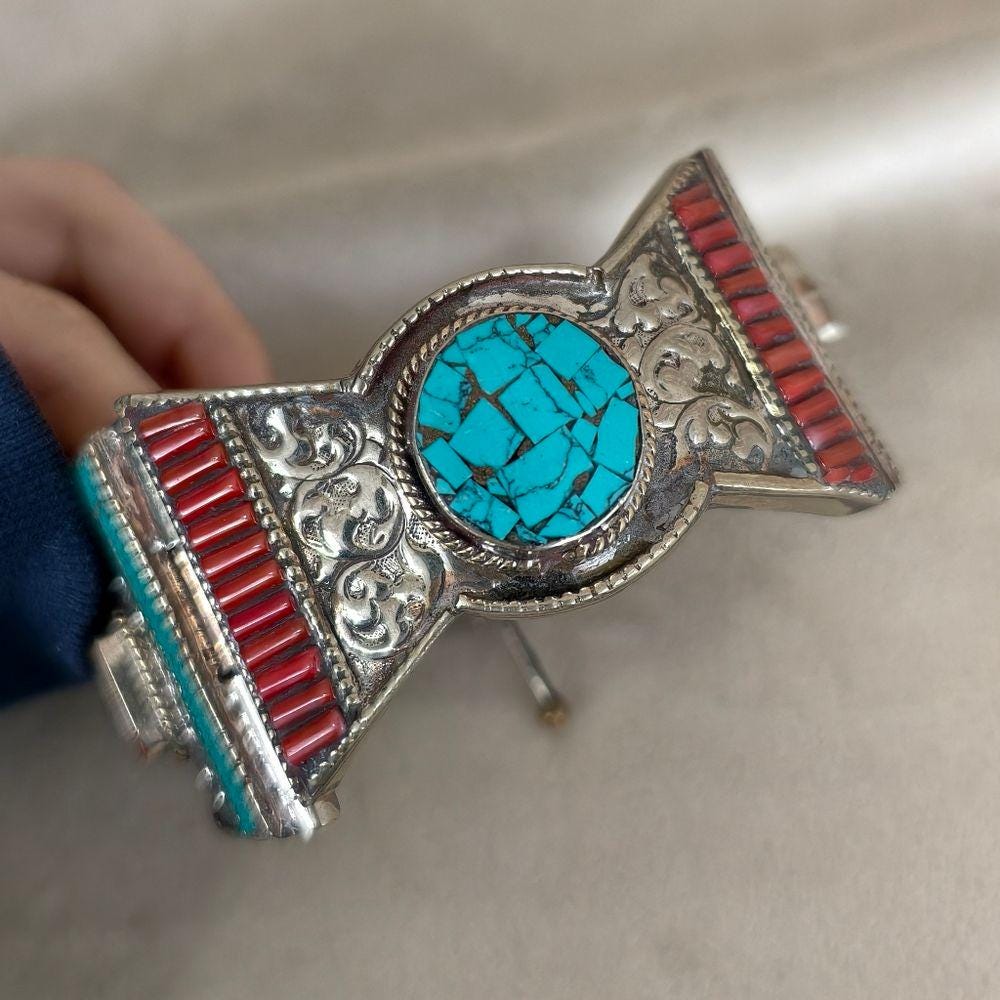 Antique Handmade Tibetan Turquoise and Red Coral Sterling Silver Bracelet