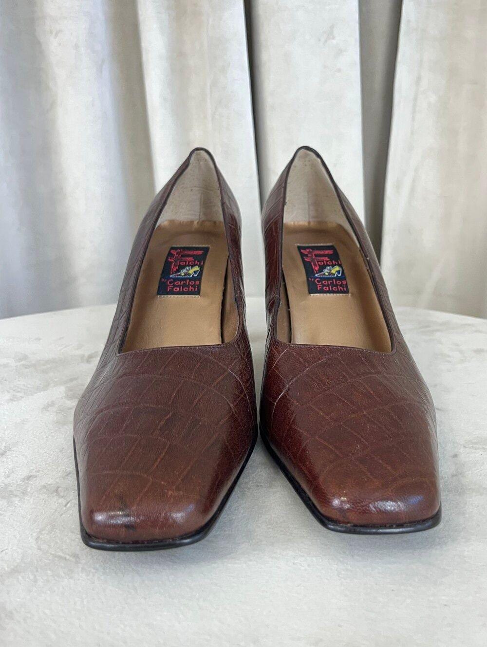 Vintage Carlos Falchi Square-Toe Burgundy Croc-Embossed Leather Pumps