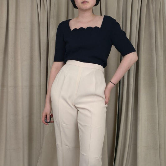 Dana Buchman Navy Knit Short Sleeve Top with Scalloped Detailing