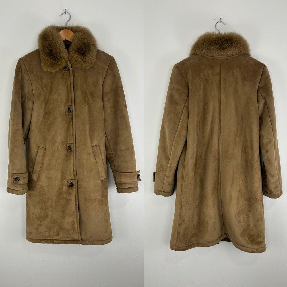 Vintage Brown Tan Dana Buchman Faux Fur Shearling Coat with Fur Collar