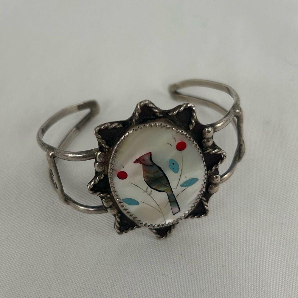 Vintage Silver Zuni Inlaid Mother of Pearl Bird Bracelet