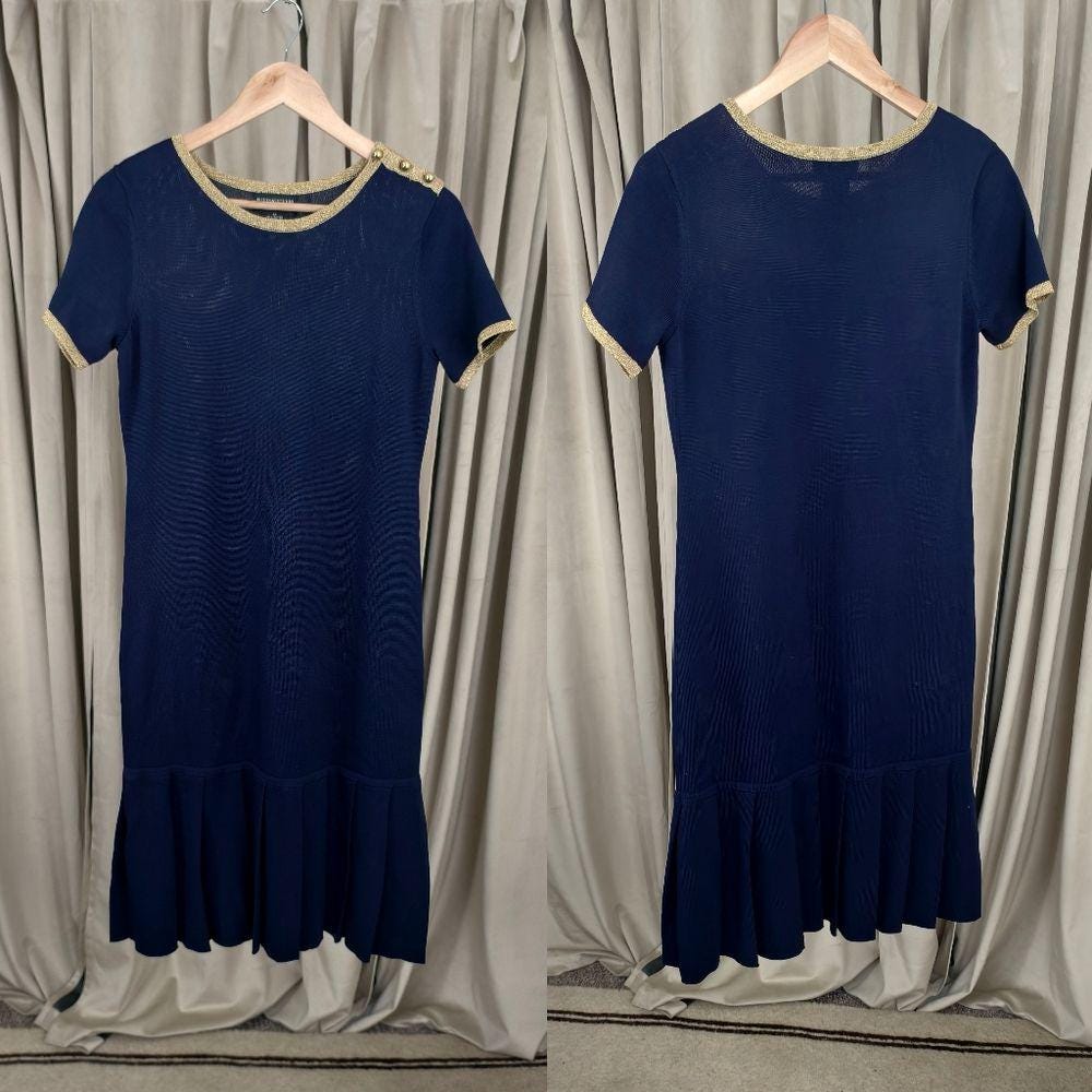 Vintage Sutton Studio Navy and Gold Short-Sleeve Pleated Hem Sweater Dress